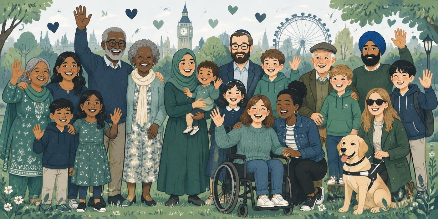 A cheerful cartoon crowd of people from many communities, faiths, ages and abilities waving together in a London park