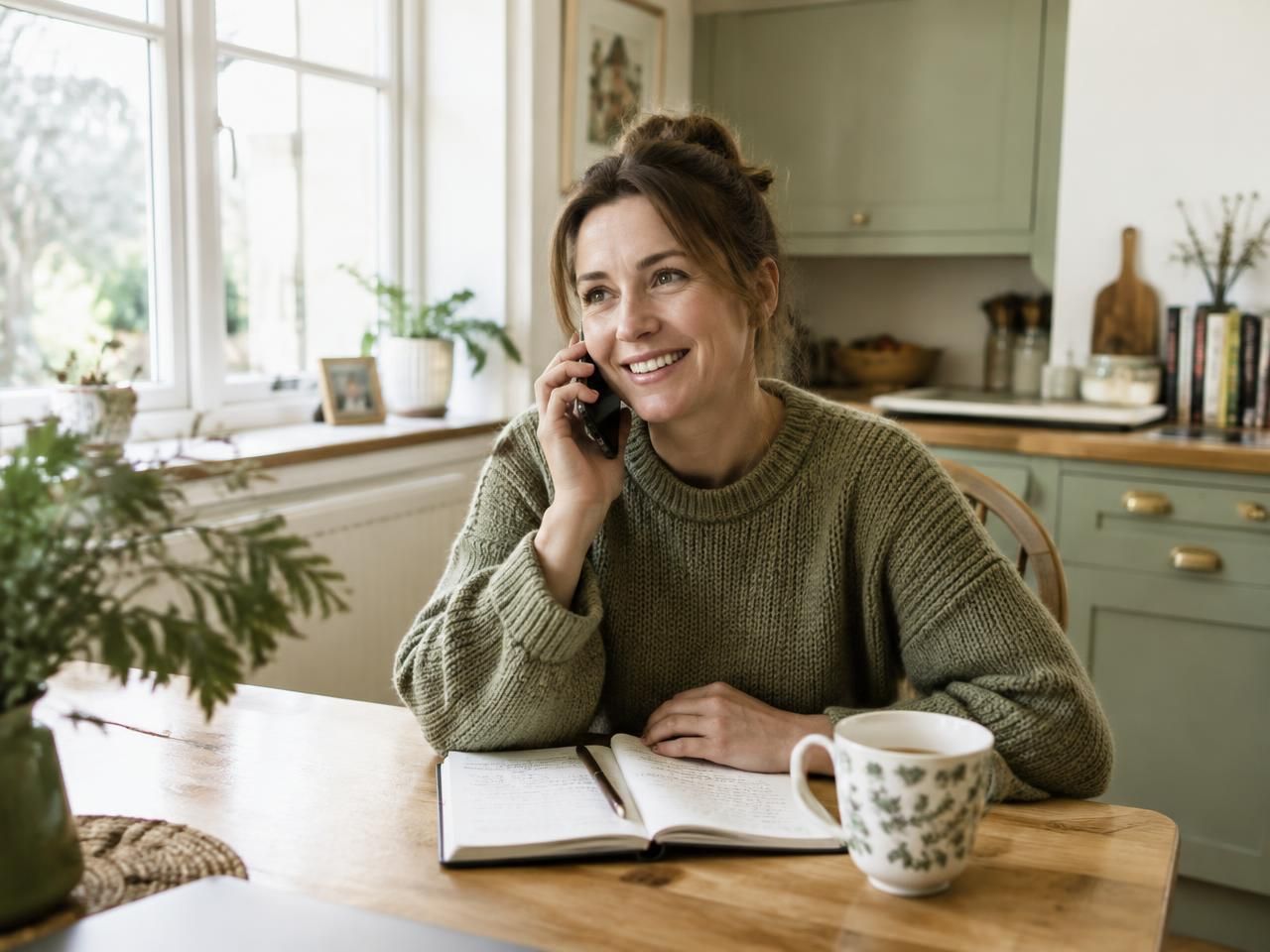 Illustrative photo: a woman smiling during a phone call at her kitchen table